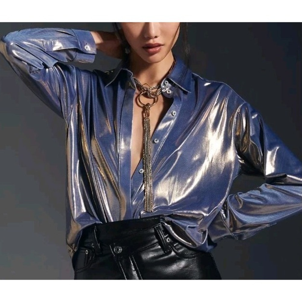 Anthropologie Gilian Liquid Shine Shirt Medium Blue Shimmer Metallic NWT